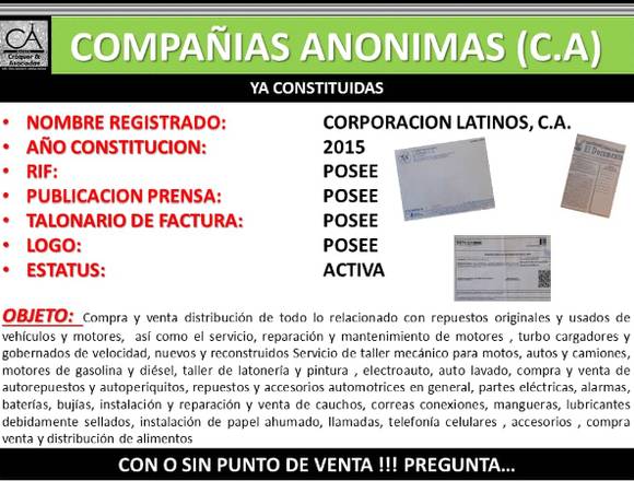 se vende, lista para facturar compañía anónima