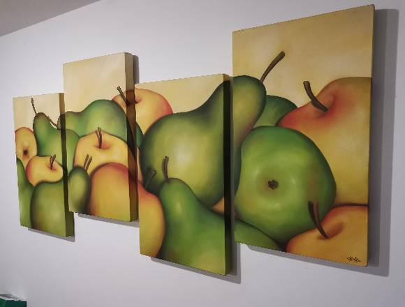 Pintura al oleo de peras y manzanas Set de 4 pzs