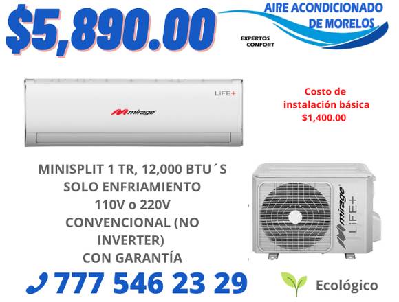 AIRE ACONDICIONADO MINISPLIT 1 TON (12,000 BTU´S) 