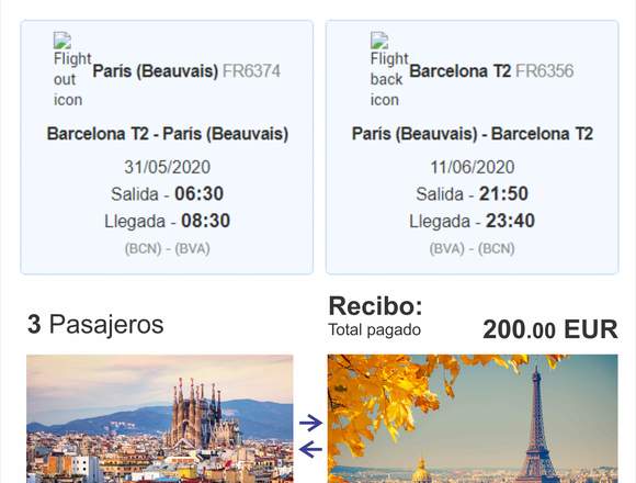 VENDO TIQUETE AEREO: BARCELONA - PARIS - BARCELONA