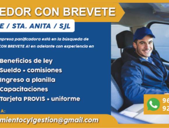 Conductor Vendedor con Brevete A1 - SJL/Ate