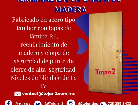 Puerta blindada con terminación en chapa de madera