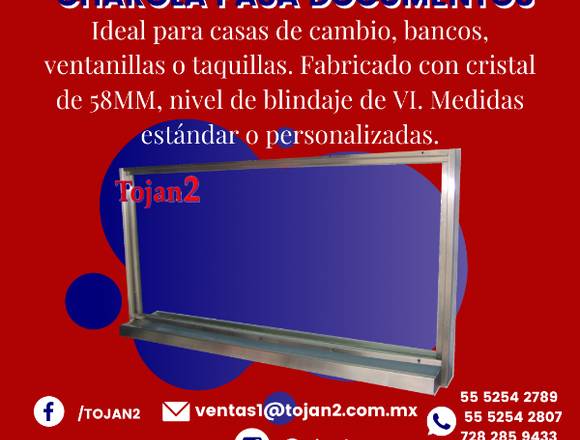 Ventana blindada con charola pasa documentos