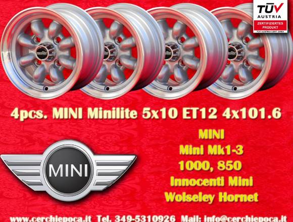 4 Stk. Mini Minilite 5x10 ET12 4x101.6 Felgen mit 