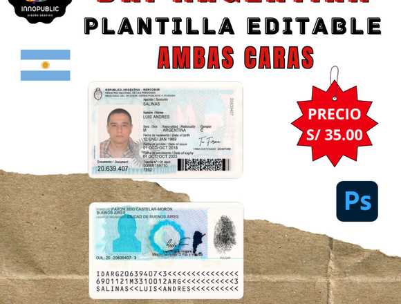 DNI de Argentina Plantilla editable en Photoshop