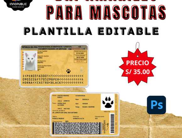 DNI Amarillo para mascotas Plantilla Editable PSD