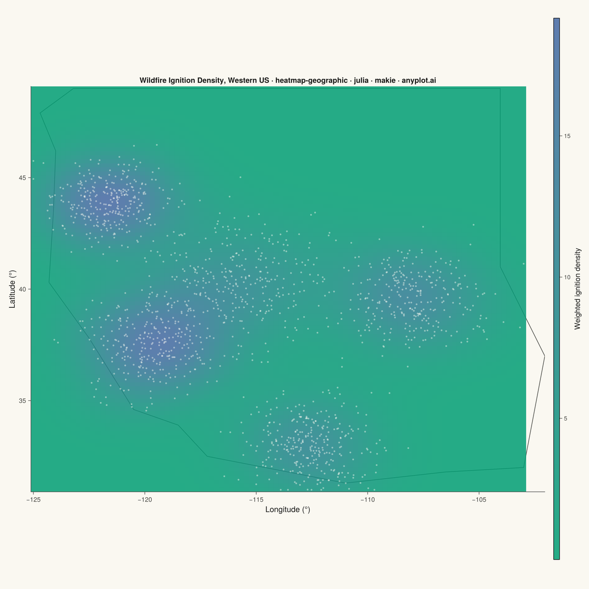 Geographic Heatmap for Spatial Density rendered with Makie.jl