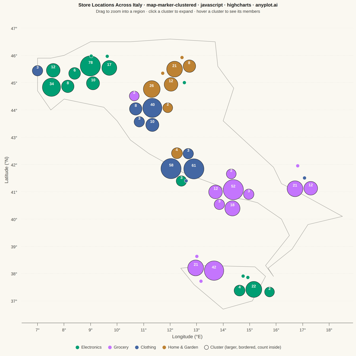 Clustered Marker Map rendered with Highcharts