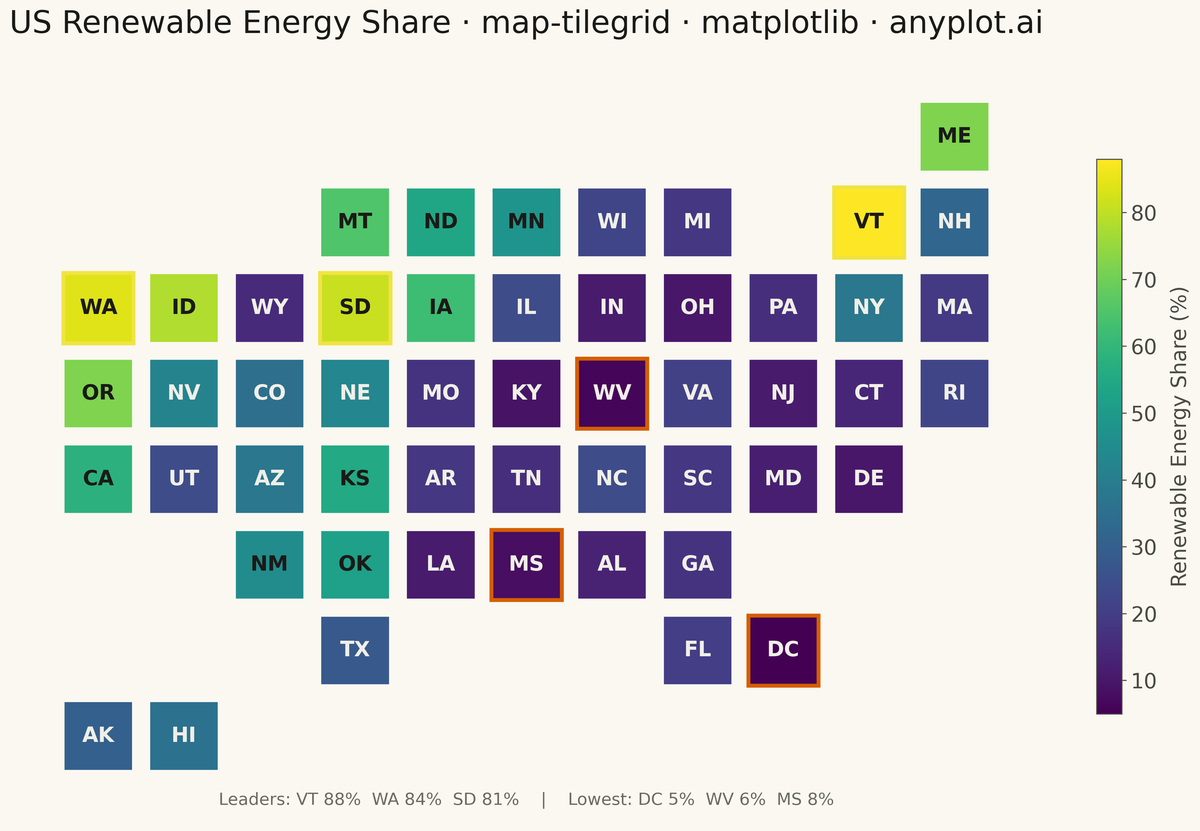Tile Grid Map for Equal-Area Geographic Comparison rendered with Matplotlib