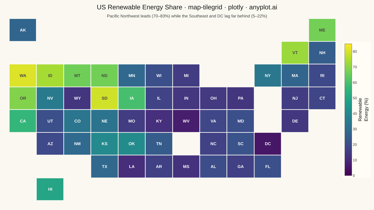 Tile Grid Map for Equal-Area Geographic Comparison rendered with Plotly
