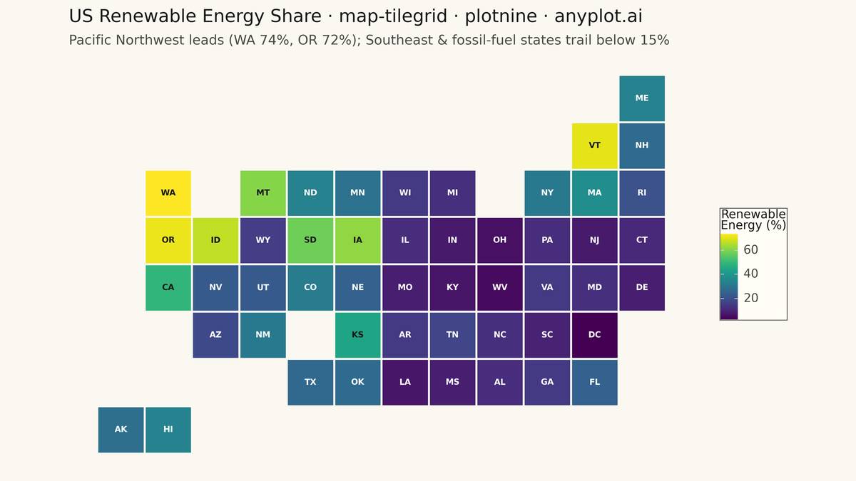 Tile Grid Map for Equal-Area Geographic Comparison rendered with plotnine