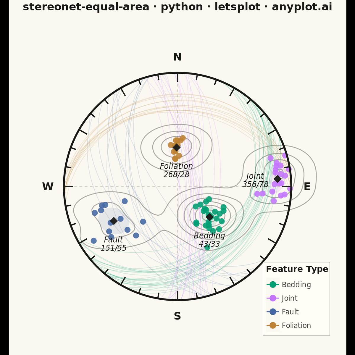 Structural Geology Stereonet (Equal-Area Projection) rendered with lets-plot