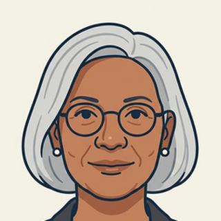 Illustrated portrait of a senior woman engineer with a silver bob and glasses
