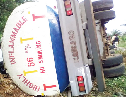 Okada rider trapped as tanker falls in Lagos