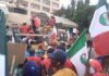 ade nlc members occupy entrance of federal ministry of justice in abuja. on wednesday. olukayode jaiyeola x