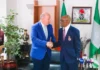 ecd fct minister barrister nyesom wike right welcoming the irish ambassador to nigeria he peter ryan to his office at the fcta on tuesday x x