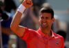 Serbia's Novak Djokovic celebrates winning his fourth round match of the French Open tennis tournament against Peru's Juan Pablo Varillas at the Roland Garros stadium in Paris, Sunday, June , . (AP Photo/Thibault Camus)