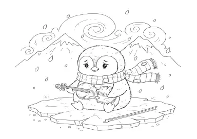 Desenho para colorir Pinguim Triste Tocando Violino