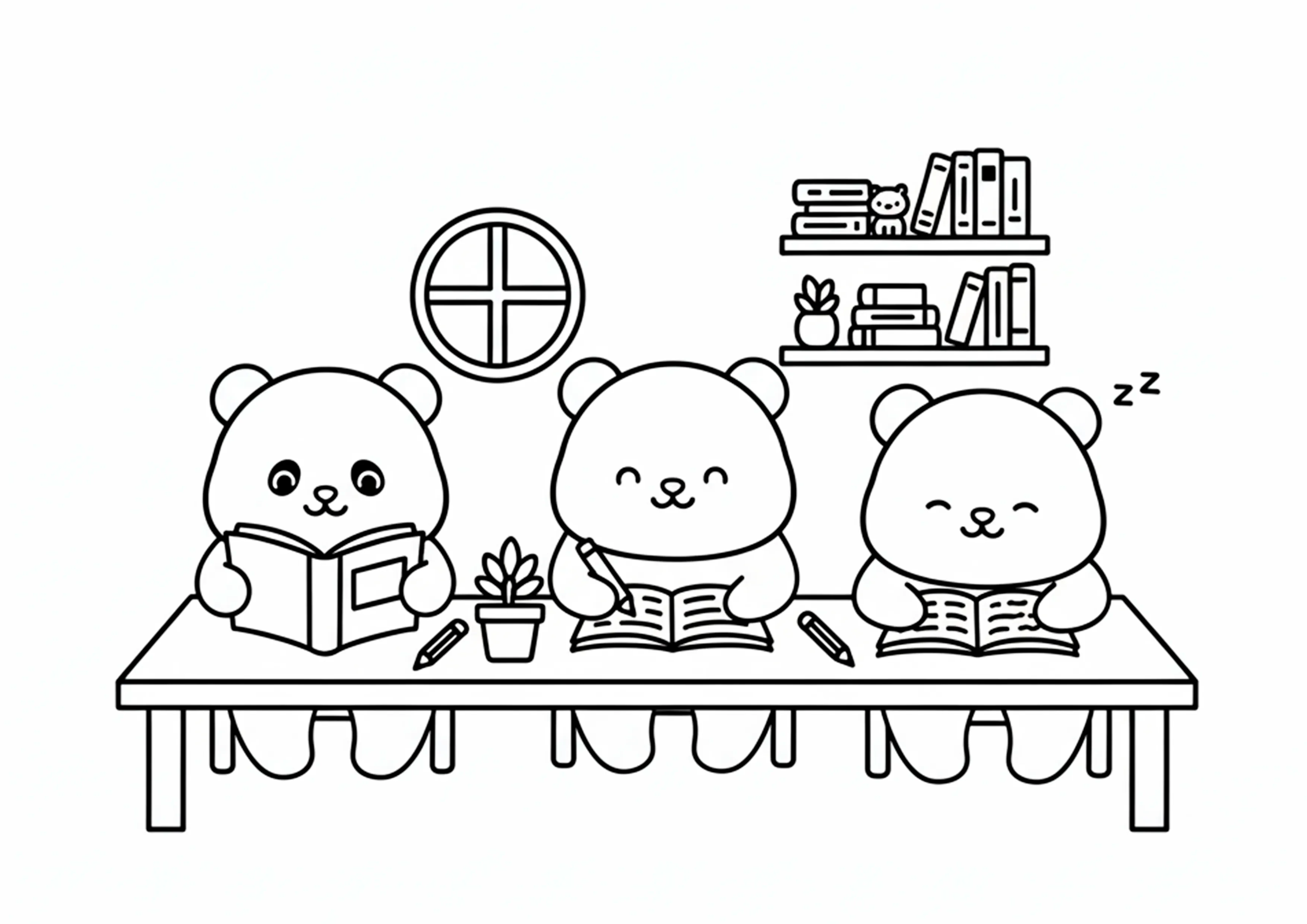 Pandas estudando fofinhos minimalistas
