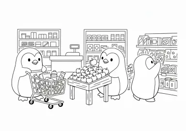 Pinguins fazendo compras minimalistas