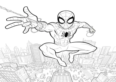 Homem-Aranha lançando teia sobre os prédios