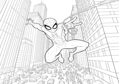 Homem-Aranha balançando entre prédios