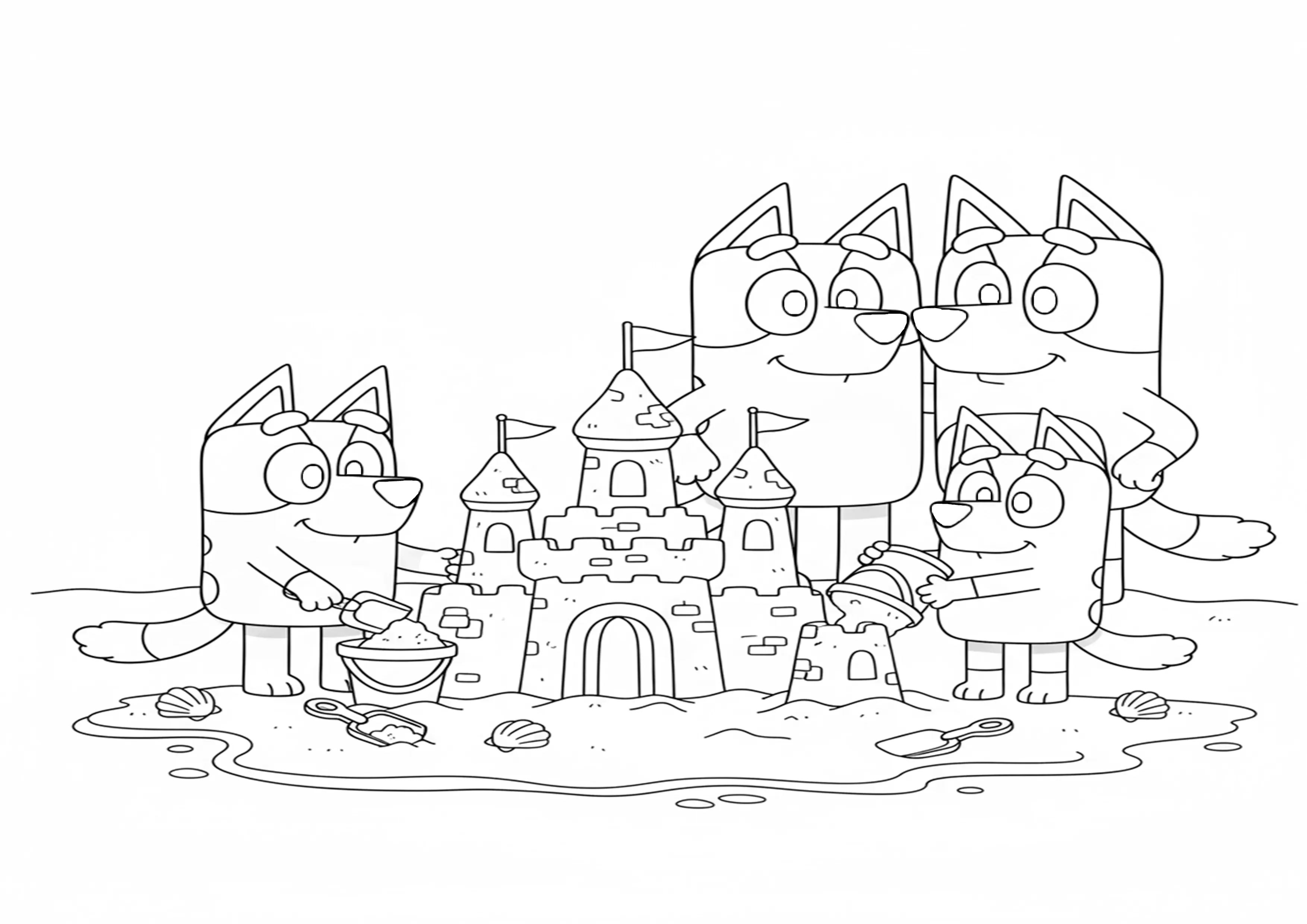 Bluey e Bingo Construindo Castelo de Areia
