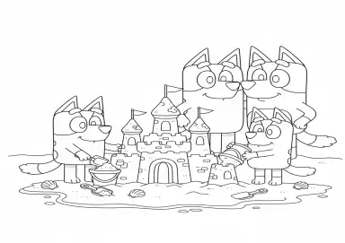 Bluey e Bingo Construindo Castelo de Areia