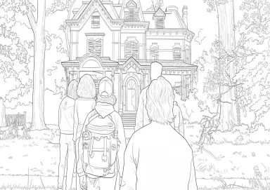 Personagens de Stranger Things em frente à Mansão Creel para Colorir