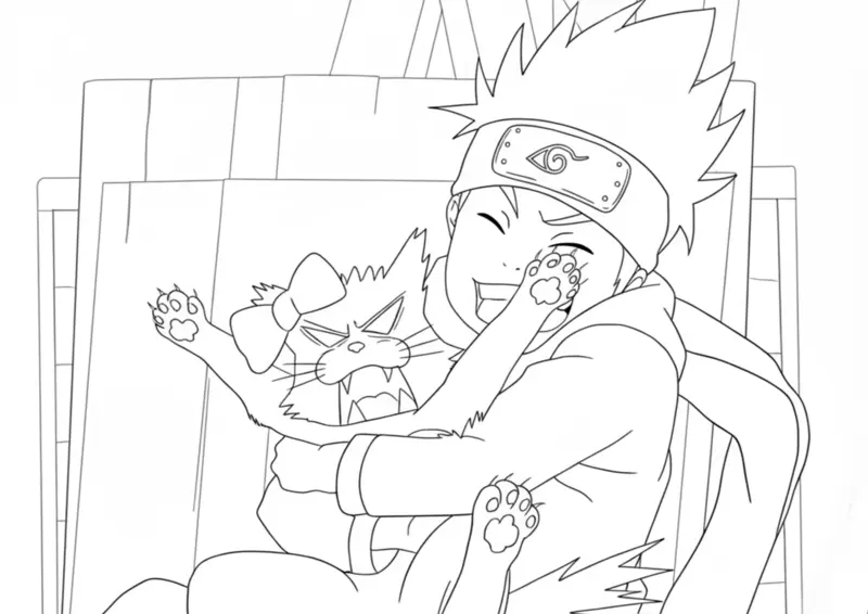 Naruto segurando o Gato Tora para Colorir
