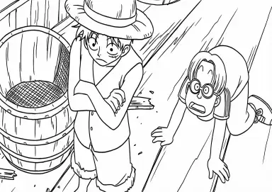 Luffy de Braços Cruzados e Koby Assustado