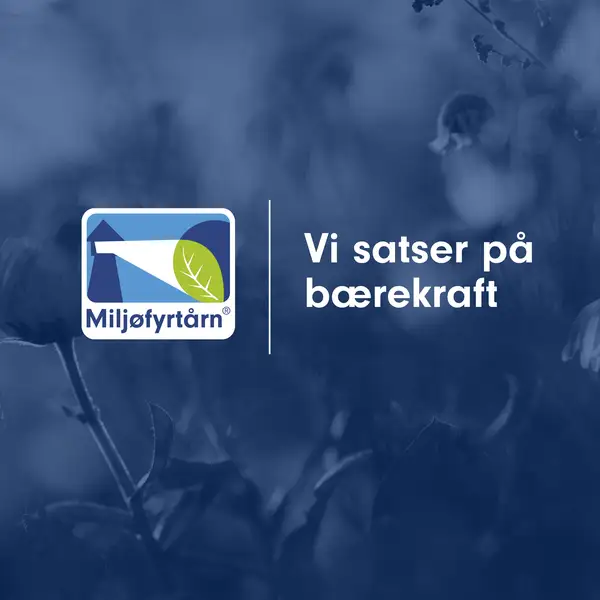 Miljøfyrtårn banner med "Vi satser på bærekraft" tekst