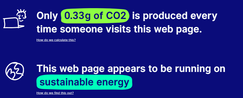 Skjermbilde av CO2utslipp etter kodeendringer. Nå var utslippet på bare 0.33g med CO2 per sidevisning.