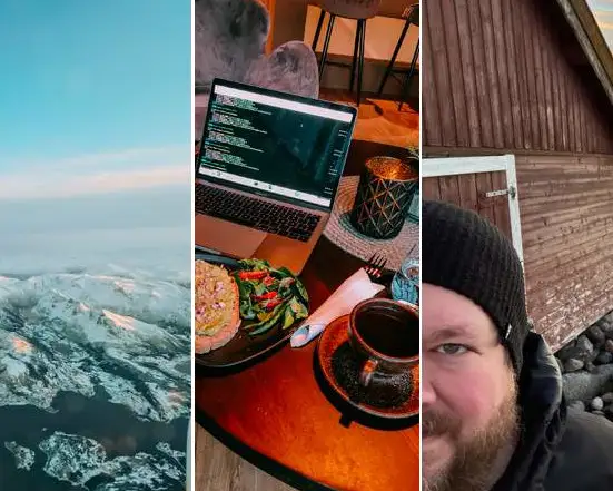 Tre forskjellige bilder fra Aplia-ansatte på workation. Første bilde viser snødekte fjell fra et flyvindu, andre bilde viser en laptop på et kaffebord med kaffe og bakervarer, mens tredje bilde viser Aplia-ansatte Lars foran et båthus.