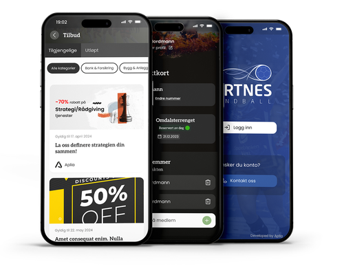 Tre telefoner med skjermbilder av en mobilapp