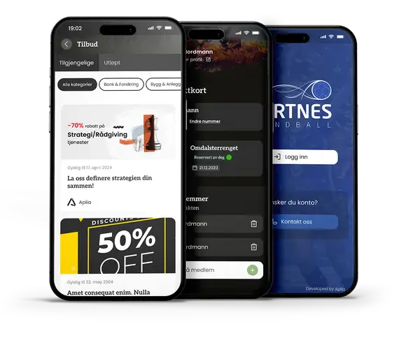 Tre telefoner med skjermbilder av en mobilapp