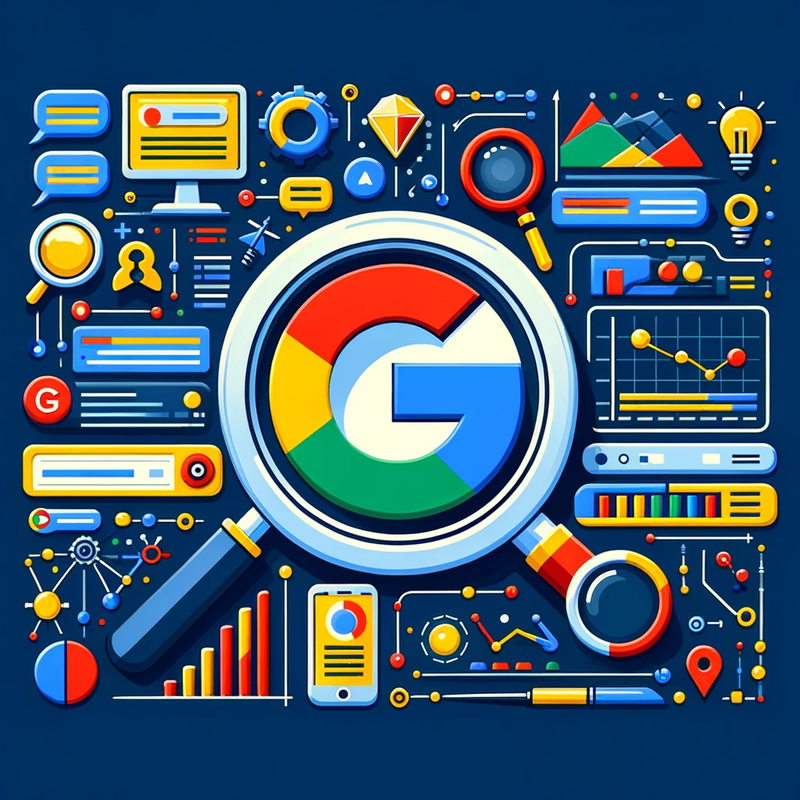 En illustrasjon som viser Google og SEO, som representerer søkemotoroptimalisering.