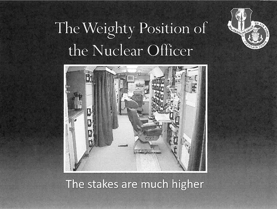 Slide with the title "The Weighty Position of the Nuclear Officer", an image of a control room, and the text "The stakes are much higher".