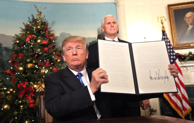 Vice President Mike Pence, right, watches as President Donald J. Trump holds up in the White House on Dec. 6, 2017 his proclamation to recognize Jerusalem as the capital of Israel and his plan to relocate the U.S. embassy there, from https://www.nbcnews.com/politics/donald-trump/trump-recognizes-jerusalem-israel-s-capital-n827096.