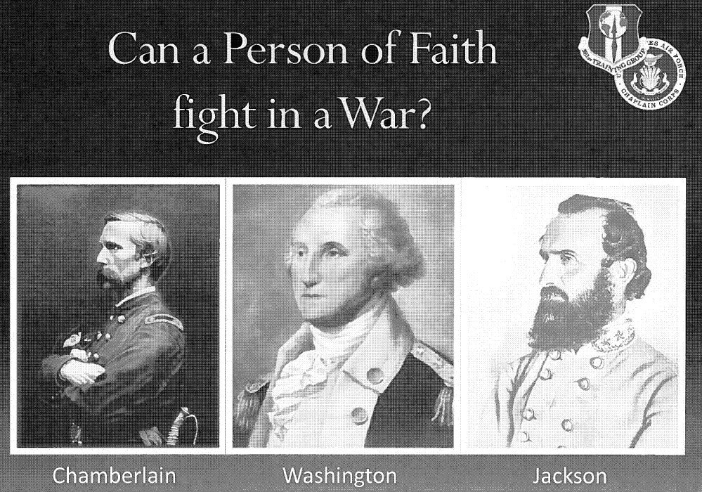 Slide with the title "Can a person of faith fight in a war?" with images of Joshua Chamberlain, George Washington, and 'Stonewall' Jackson.