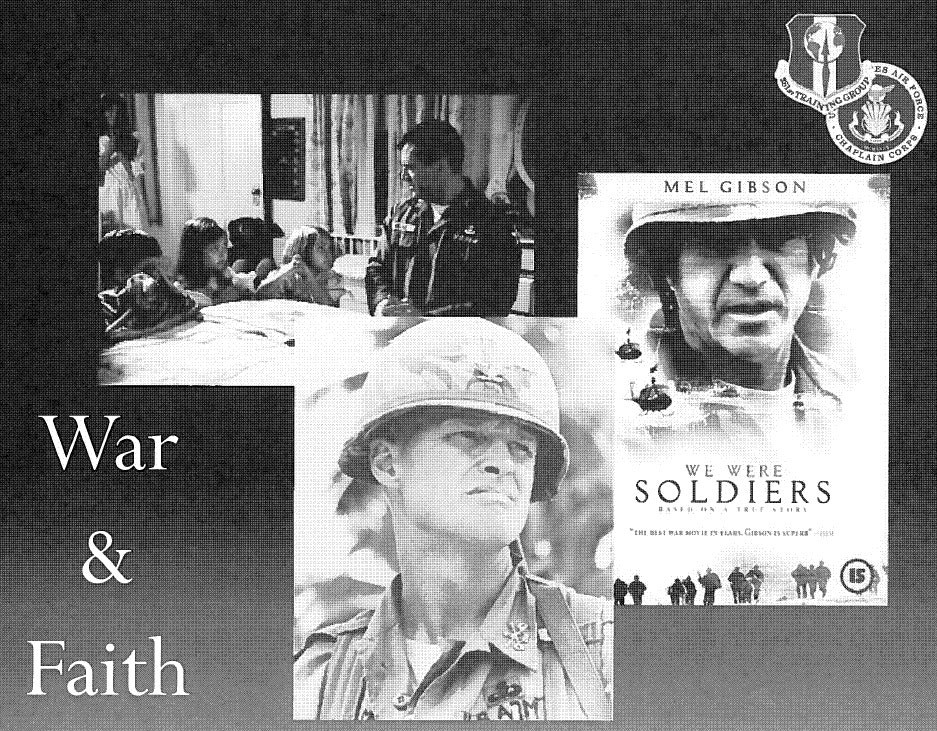 Slide with the title "War & Faith" amd images of Mel Jackson from war movies.