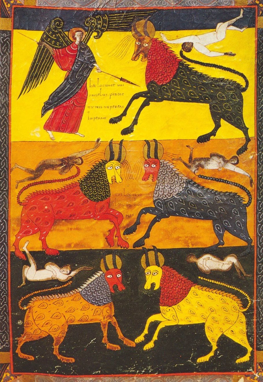 Five creatures that look sort of like horses with wild goat horns, proboscis monkey faces, triangular sharp teeth, long stringy hair on their heads, contrasting-coloured chain mail on their necks, and scorpion tails, with which they are stinging men who are either wearing all white or naked and lying on the ground. An angel is fighting the top one with a spear.