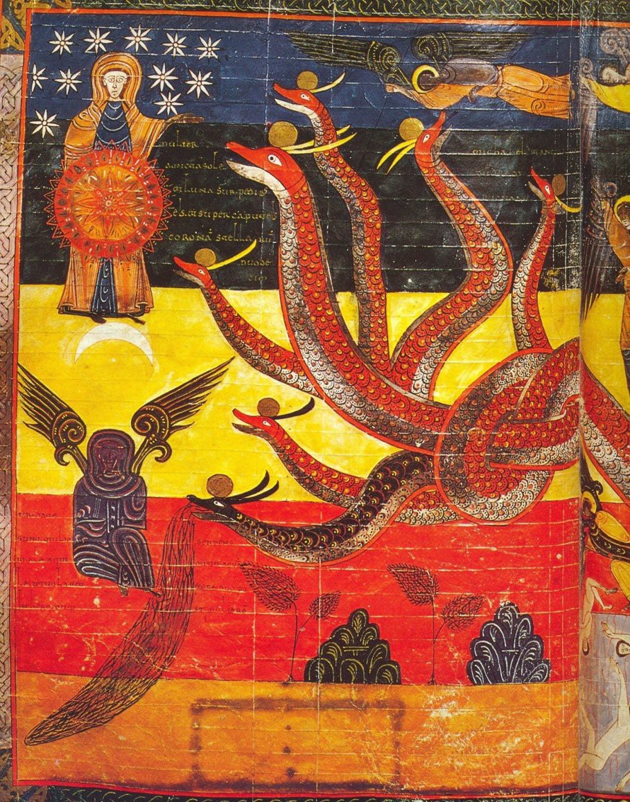 The seven-headed Dragon, which is coloured red on the top and white on the bottom. Its necks are twisted up in a knot and one of the mouths is vomiting something black. A figure in an orange robe holding a shield, maybe Michael, is gesturing at the Dragon against a background of stars. There are also some figures with wings, one that looks sort of like a Buddha carved from black stone and another that seems to have the crescent moon for a head.