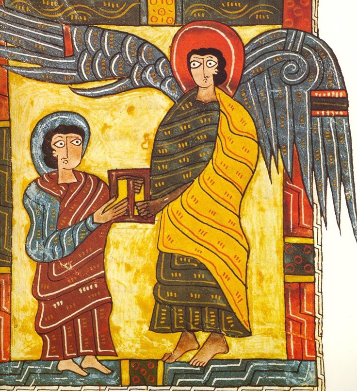 John receiving the messages for the seven churches from an angel. They have identical heads but I don't think that's supposed to mean anything.