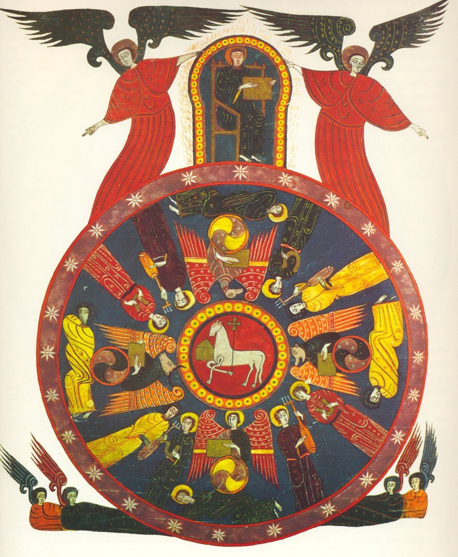 The Lamb at the centre of a circle, surrounded by worshippers, in front of the throne of Heaven, which is framed by angels. The Lamb looks more like a horse. There are some figures among the worshippers that look like, variously, a Texas longhorn, a vulture, and a pi, that each have wings and are holding books. Some of the worshippers are also holding books, pitchforks with fat ovoid handles, or lyres.