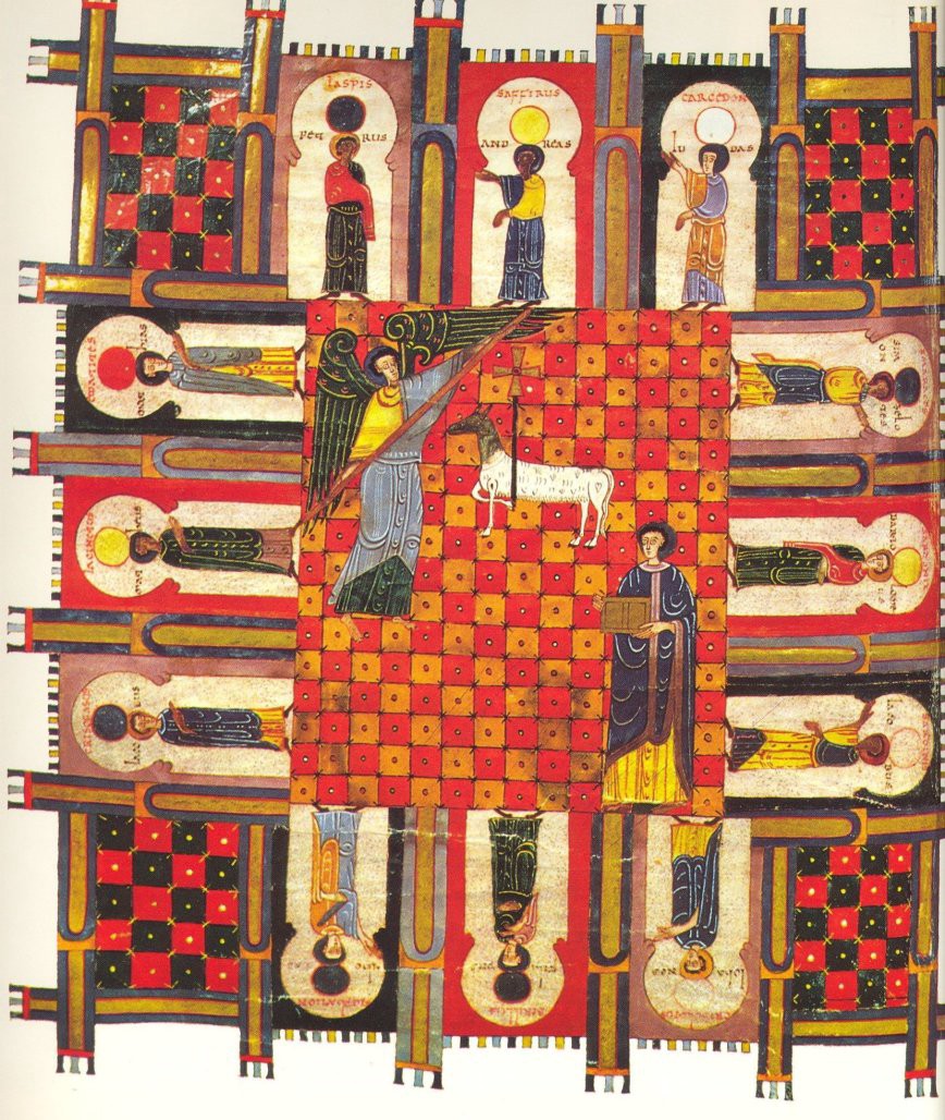 New Jerusalem: an angel, a goat, and a man holding a wooden box in a grid of red and gold squares in the centre, and various other men with different coloured robes and circles on their heads around the edges.