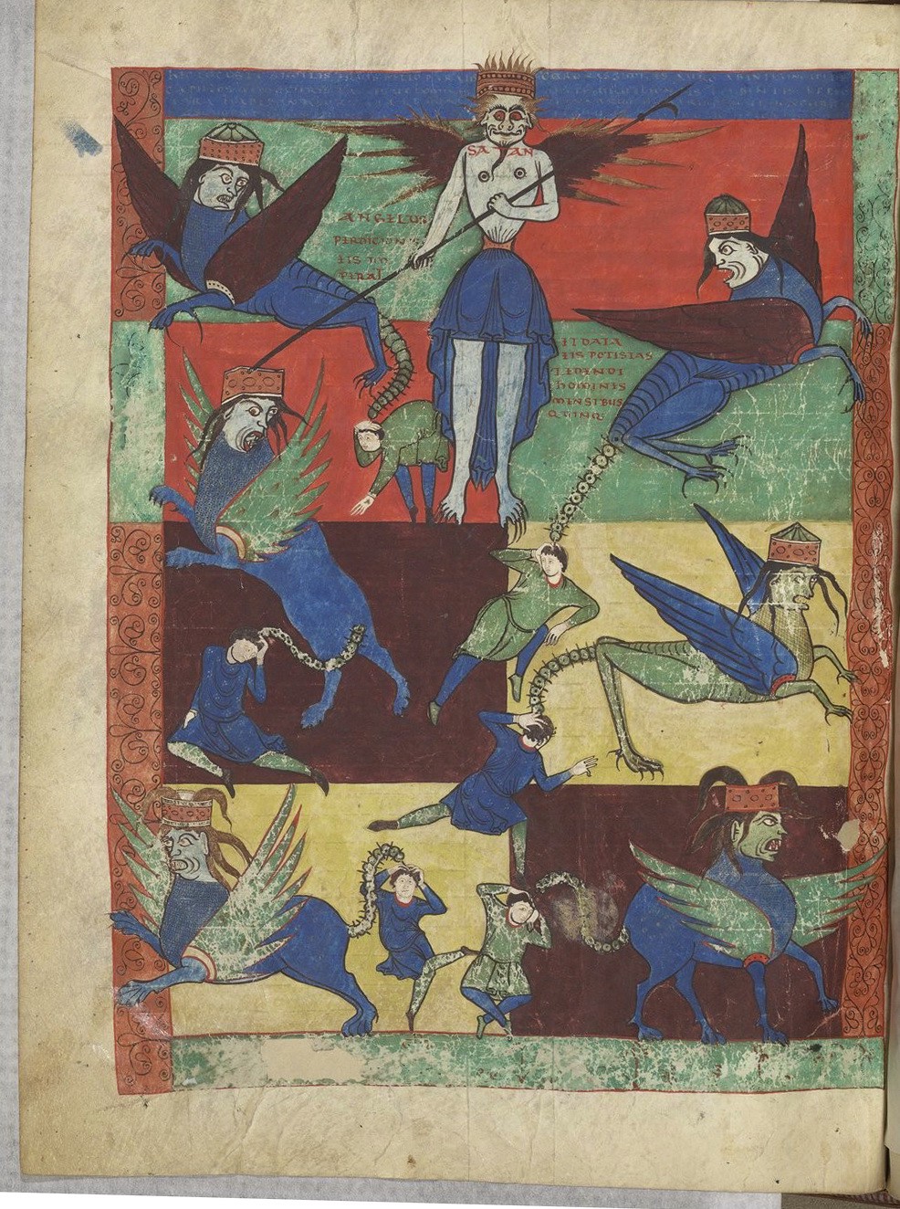 Winged beasts with the bodies of horses, scorpion tails, men's faces but green skin, sharp teeth, long hair, and red headbands like Bruce Springsteen, stinging people with their tails while Satan, in the form of a blue-skinned man, naked from the waist up, with red eyes, a tiny waist that is obviously being constrained by his tight blue shift like a balloon, wings, a crown, a long goatee, and even longer toenails, who is holding a pike.