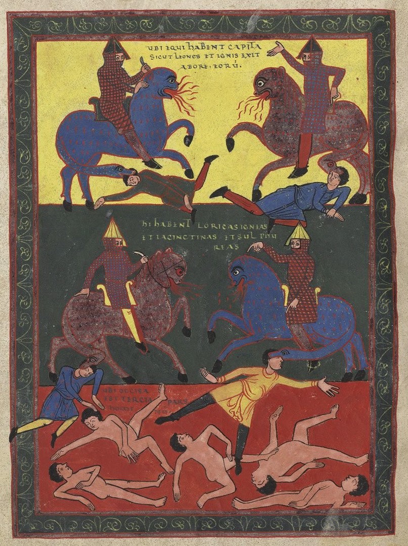 Armoured men on fire-breathing horses with the heads of lions and snakes for tails trampling other men and biting them with their snake-tails. Some of the men are naked for no apparent reason.