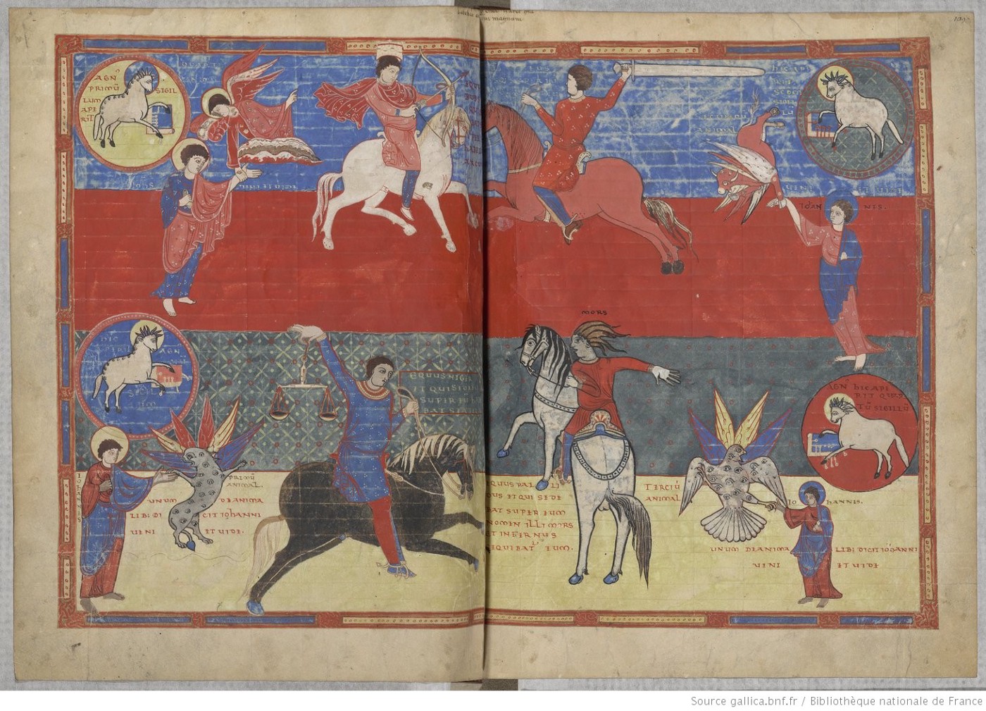 Four horsemen: one on a white horse with a bow and arrow, one on a red horse with a sword as long as his horse, one on a black horse holding scales, and one on a white horse with long brown hair formed into what seem to be dreadlocks (the others all have short black hair). In the background the Lamb with multiple horns reading a book is depicted four times. And, each holding the hand of a man with a halo, there is a bird covered in eyes, a miniature bull with wings, an angel, and some weird grey thing that looks sort of like the lion heads of the horses in the previous image, but also covered in eyes and with wings.