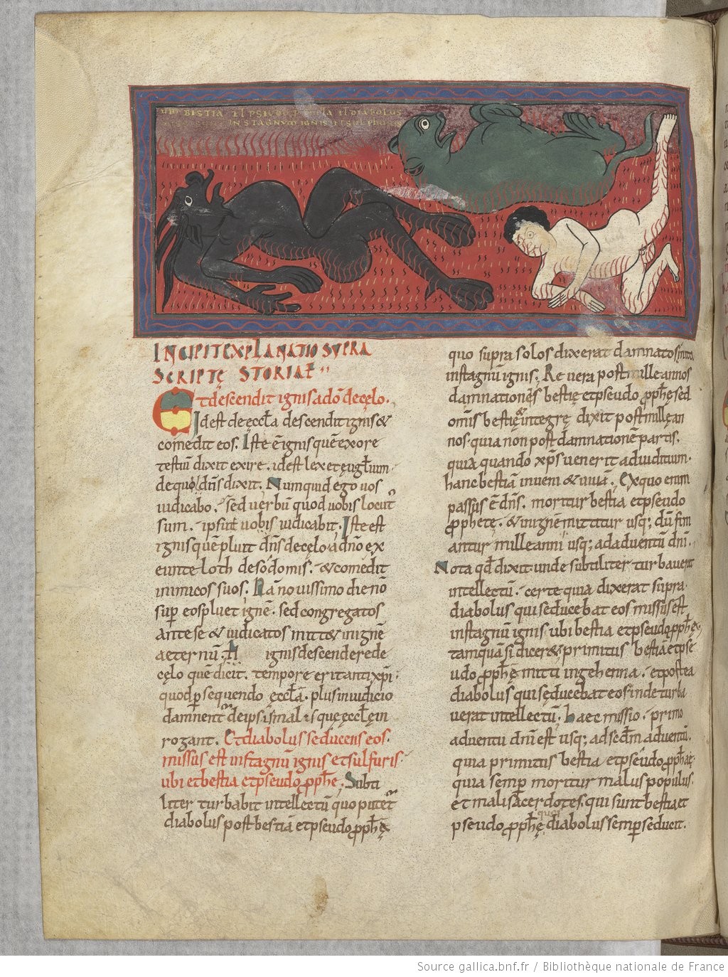 A naked man, a black beast with three horns, and a grey-green beast with no horns, all jammed into a small rectangle of fire with a blue border.